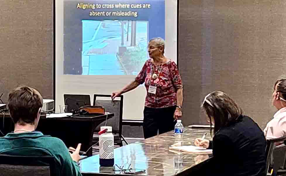 Image is of a U shaped table with people seated around the outside of the U.  At the top of the U is Beezy Bentzen, COMS, standing presenting to the group with her hand on a chair in front of a projected image on a screen.  The screen says 'aligning to cross when cues are absent or misleading'.